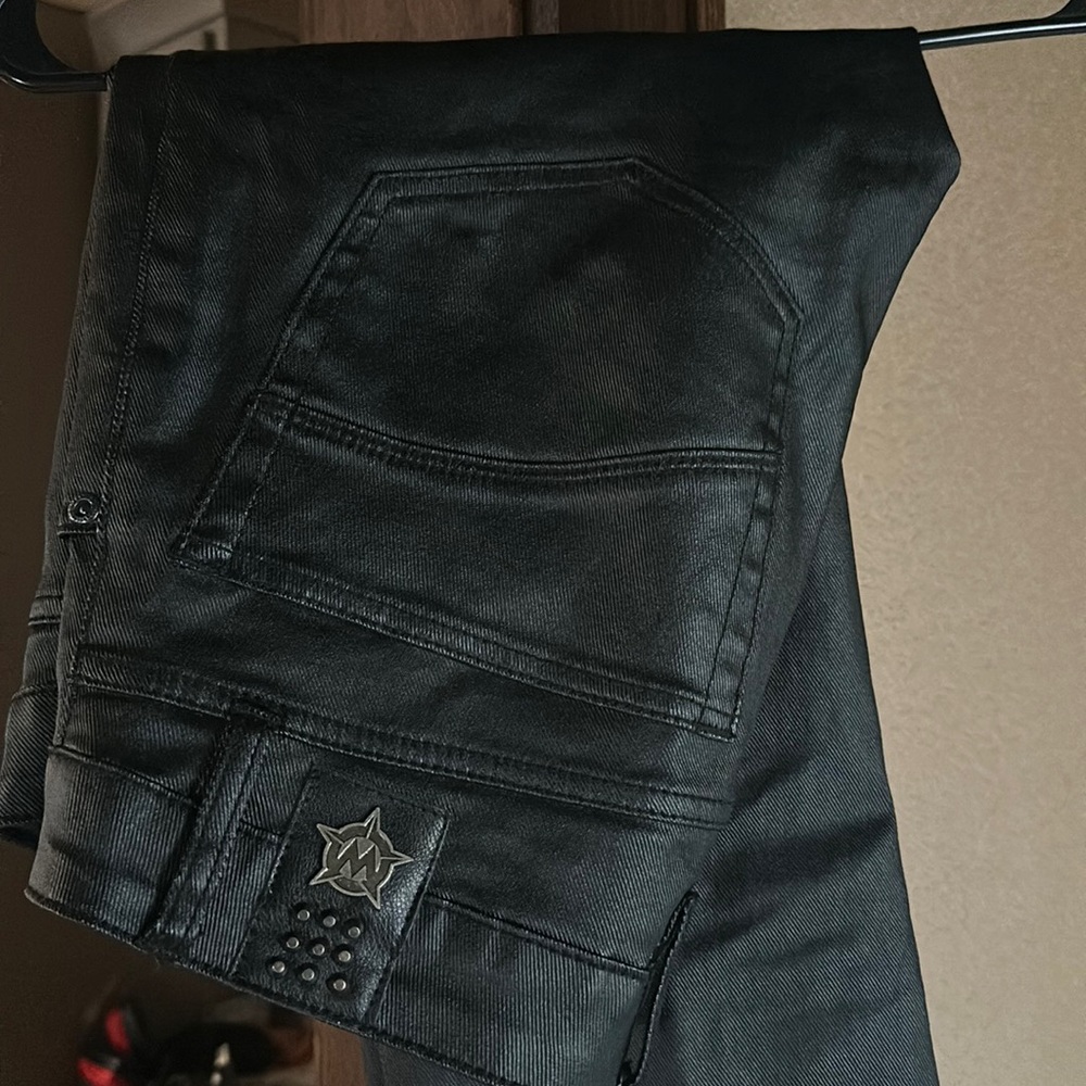 Hellraised Designer brand. 
waxed jeans with soft lining on the inside.